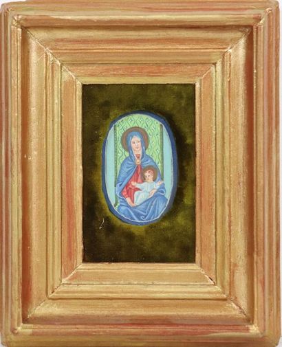 null Virgin and child.

Miniature gouache on paper.

H_5,5 cm L_3,5 cm.

Gilded wood...