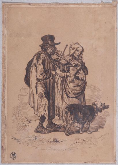 null 
French school of the XIXth century.




Beggars and their dog.




Brown ink.




Stamp...