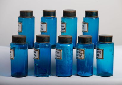 null Ensemble de 9 pots à pharmacie en verre bleu, à étiquettes de porcelaine, les...