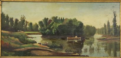 null Gustave LEROY (XIXème-XXème siècle).

Paysage lacustre avec embarcation.

Huile...