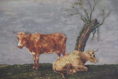 null Ecole française du XIXème siècle. 

Vaches sous un arbre. 

Huile sur panneau.

H_15...