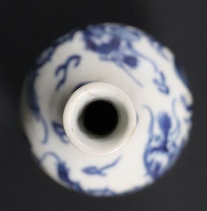 null CHINE. 

Vase à long col en porcelaine à décor en camaïeu bleu de dragon poursuivant...