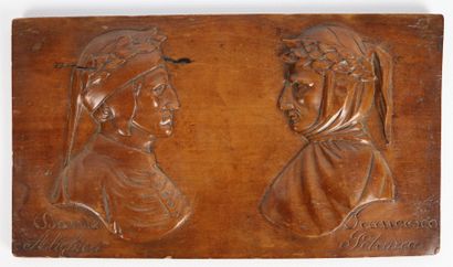 null Ensemble de deux panneaux en bois sculptés figurant des grands philosophes et...