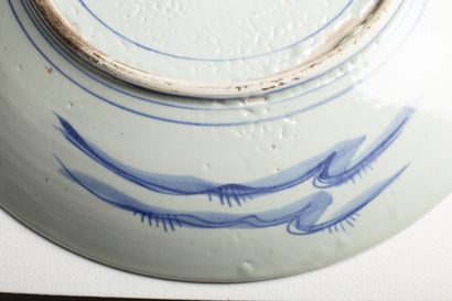 null JAPON.

Grand plat circulaire en porcelaine, à décor en camaïeu de bleu de paysage...