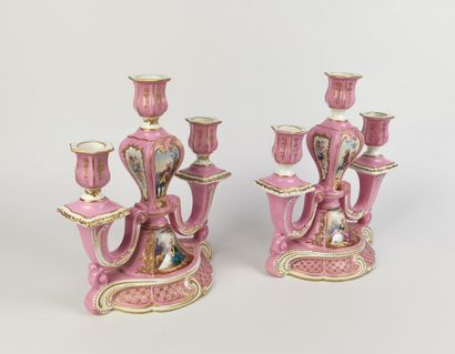 null LONGWY.

Pair of enamelled earthenware candelabras with three lights decorated...