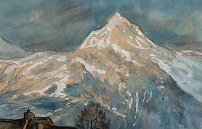 null Eric MENETRIER (actif au XXème siècle). 

Paysage de montagne, 

Crayon et aquarelle...