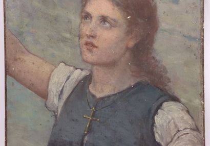 null Ecole française du XIXème siècle. 

Jeanne d'Arc. 

Huile sur panneau, monogrammée...