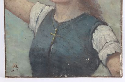 null Ecole française du XIXème siècle. 

Jeanne d'Arc. 

Huile sur panneau, monogrammée...