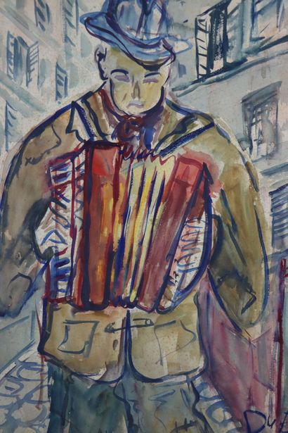 null Roland DUBUC (1924-1998).

Homme à l'accordéon 

Papier maroufler sur carton...