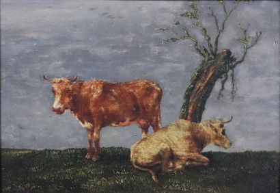 null Ecole française du XIXème siècle. 

Vaches sous un arbre. 

Huile sur panneau.

H_15...