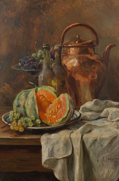 null René Louis CHRÉTIEN (1867-1945).

Nature morte au melon, raisins et verseuse...