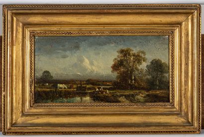 null Ecole de Fontainebleau, XIXème siècle.

Paysage aux pêcheurs en bord de rivière.

Huile...