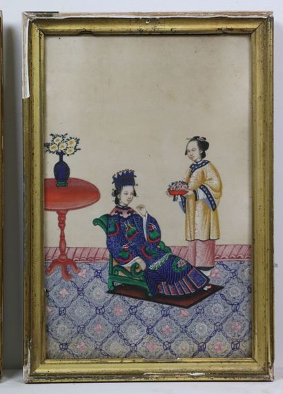 null CHINE, Canton. 

Mandarin et son épouse.

Paire d'aquarelles sur papier de riz...
