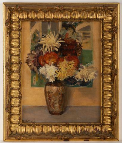 null Pierre VILLAIN (1880-1950).

Bouquet de dalhias devant une estampe japonaise.

Huile...
