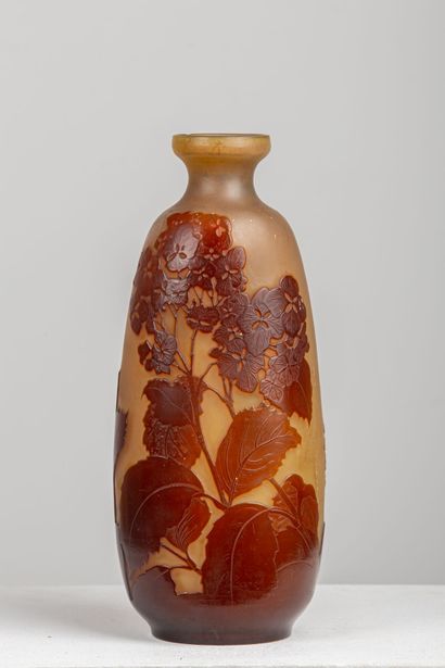 null Etablissements GALLE.

Vase en verre multicouches dégagé à l'acide à décor d'hortensias.

H_29,5...