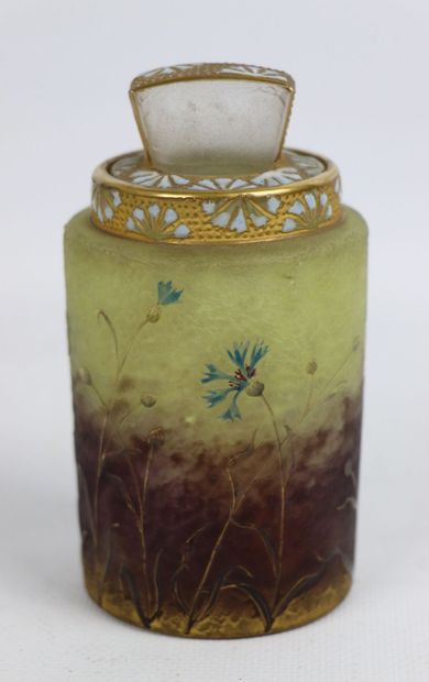 null DAUM, NANCY. 

Acid-etched multi-layered glass bottle, decorated with cornflowers,...