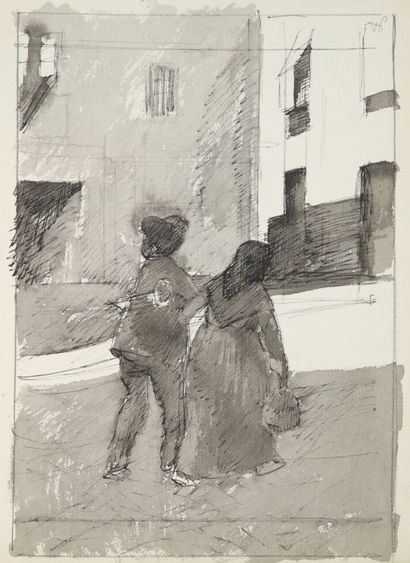 null René-Georges Hermann, known as HERMANN-PAUL (1864-1940). 

Couple in the city.

Ink...