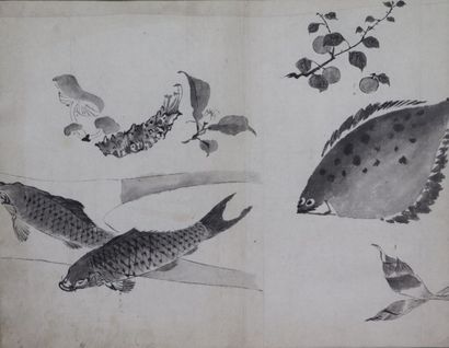 null JAPON.

Réunion de quatre encres de Chine sur papier figurant des poissons et...