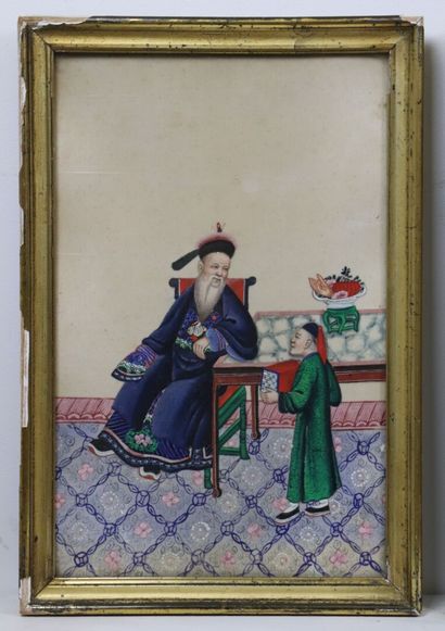 null CHINE, Canton. 

Mandarin et son épouse.

Paire d'aquarelles sur papier de riz...