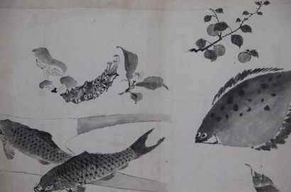 null JAPON.

Réunion de quatre encres de Chine sur papier figurant des poissons et...