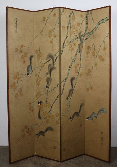 null CHINA.

Four leaves screen with painted decoration of squirrels moving on branches...