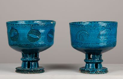 null IRAN or AFGHANISTAN.

Pair of ceramic bowls on foot with turquoise glaze and...