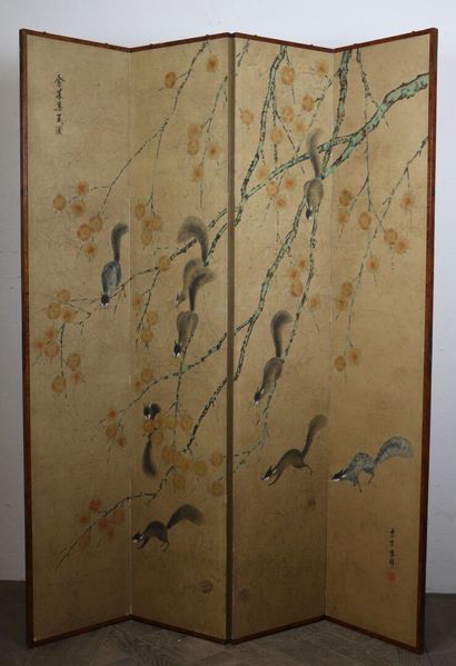 null CHINA.

Four leaves screen with painted decoration of squirrels moving on branches...