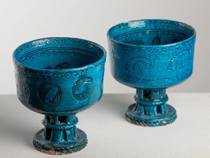 null IRAN or AFGHANISTAN.

Pair of ceramic bowls on foot with turquoise glaze and...