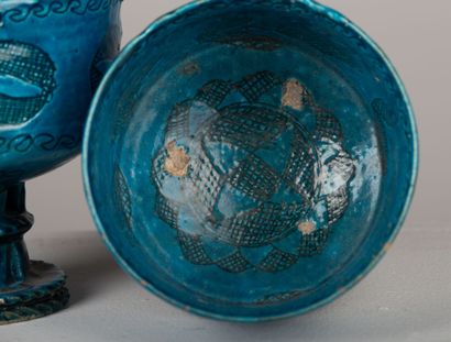 null IRAN or AFGHANISTAN.

Pair of ceramic bowls on foot with turquoise glaze and...