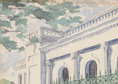 null Aaron DOUGLAS (1899 - 1979).

View of a building to be identified.

Watercolor,...