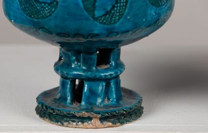 null IRAN or AFGHANISTAN.

Pair of ceramic bowls on foot with turquoise glaze and...
