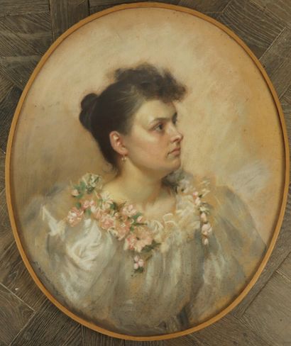 null Léon-Emile JARDON (né en 1862).

Portrait de femme à la robe fleurie.

Pastel,...