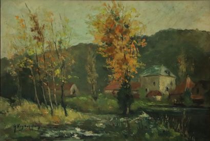 null Willem VAN DEN BERG (1886-1970).

Village au bord de l'eau.

Huile sur panneau,...