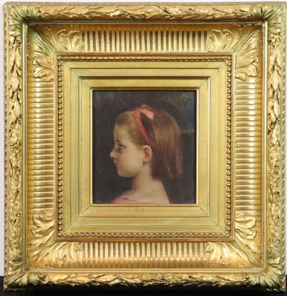  École française du XIXème siècle. 
Portrait de fillette au ruban rose. 
Huile sur...