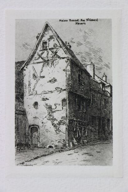  Fernand CHALANDRE (1879-1924). 
Sept estampes figurant des vues de Nevers: 
- rue...