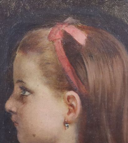 null École française du XIXème siècle. 

Portrait de fillette au ruban rose.

Huile...