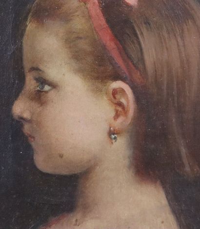  École française du XIXème siècle. 
Portrait de fillette au ruban rose. 
Huile sur...