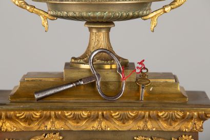 null Importante pendule borne en bronze doré, et ciselé à décor de sphinges et entrelacs,...