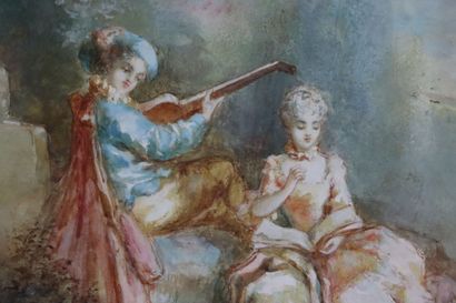 null Ecole française du XIXème siècle.

Couple de galants, dans le goût de Watteau.

Aquarelle...