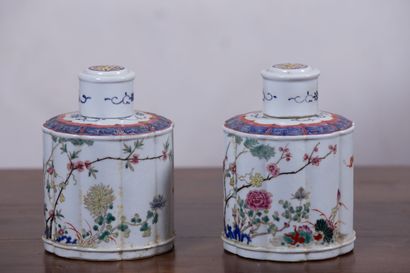  CHINE. 
Paire de pots à thé en porcelaine à décor polychrome de branchages fleuris...