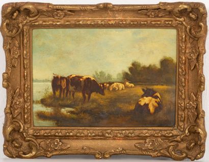 null George SMITH (1870-1934).

Paysage animé de vaches.

Deux petites huiles sur...