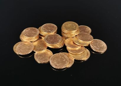 null 
Lot de 50 pièces de 20 francs or, Napoléon III, coq, etc.




322,46 grammes.




Ce...