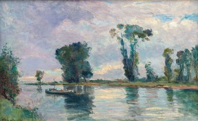 null Albert Marie LEBOURG (1849-1928).

Bord de Seine, barque et reflets sur l'eau.

Huile...