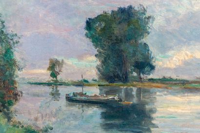 null Albert Marie LEBOURG (1849-1928).

Bord de Seine, barque et reflets sur l'eau.

Huile...