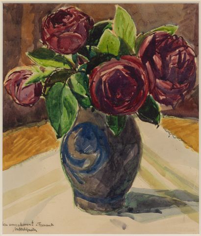 null André DESLIGNERES (1880-1968).

Bouquet de roses.

Aquarelle et gouache sur...