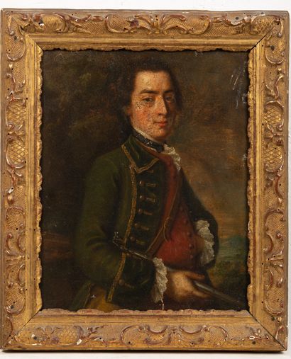 null Ecole française du XVIIIème siècle.

Portrait d'homme en tenue de chasseur,...