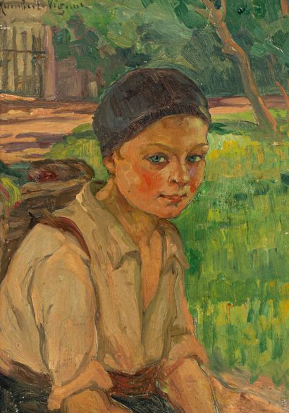 null Léonie HUMBERT-VIGNOT (1878-1960).

Portrait de garçon.

Huile sur panneau,...