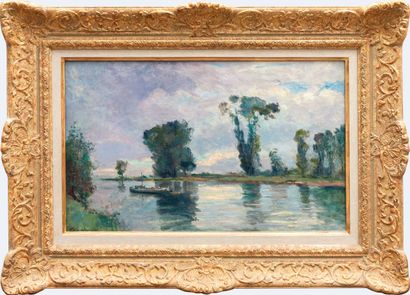 null Albert Marie LEBOURG (1849-1928).

Bord de Seine, barque et reflets sur l'eau.

Huile...