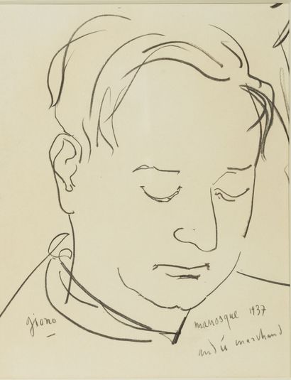 null André MARCHAND (1907-1997).

Portrait de Jean Giono à Manosque.

Dessin signé,...