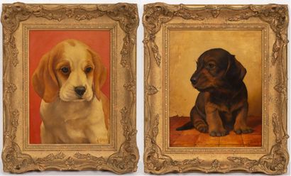 null Gustave LORINCZ (1855-1931).

Deux portraits de chiots. 

Huile sur panneaux,...